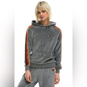 Aviator Nation Charcoal Velour‎ Rainbow Stripe Hoodie Pullover Sweatshirt